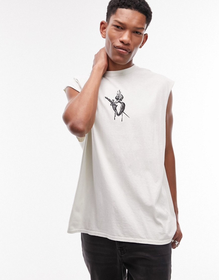 Topman oversized fit sleeveless t-shirt with sacred heart embroidery in washed ecru-White