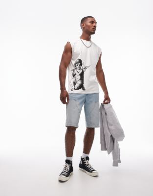 Topman Topman oversized fit sleeveless tank with cherub print in stone-Neutral