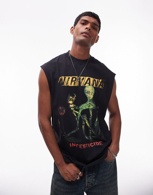 Topman oversized fit sleeveless tank with Nirvana insect in washed black