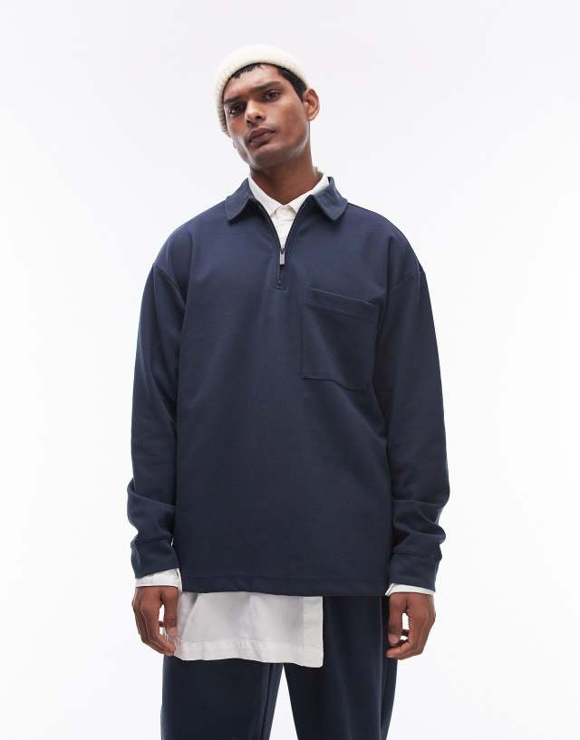 Topman - oversized fit smart jersey1/4 zip polo in navy