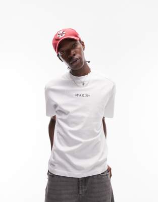 Topman oversized fit splice t-shirt with Paris chest emboridery in white