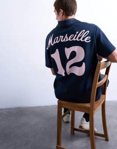 Oversized fit sports polo shirt with Marseille back embroidery in navy