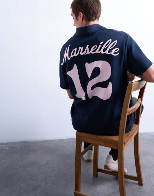 Topman oversized fit sports polo shirt with Marseille back embroidery in navy