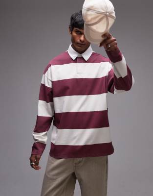 oversized fit stripe polo with woven collar in burgundy-Red