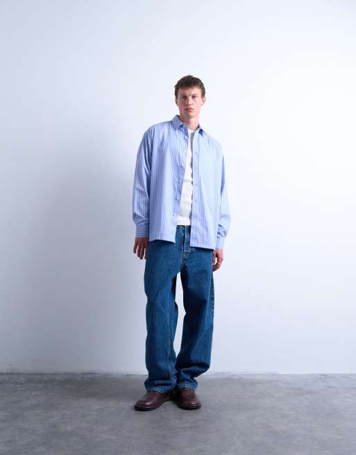 Topman oversized fit stripe shirt in blue, 3 of 5