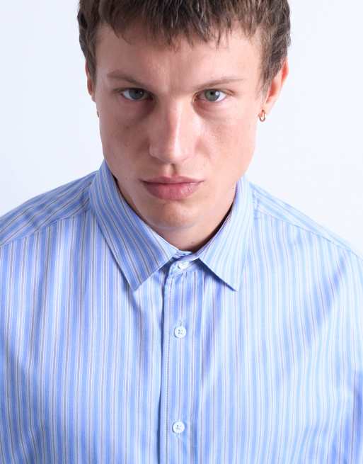 Topman oversized fit stripe shirt in blue, 4 of 5