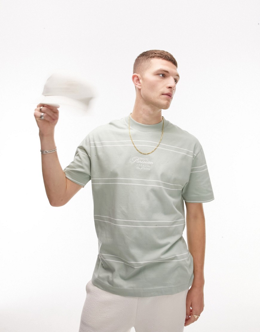 Topman oversized fit stripe t-shirt with Parisian embroidery in sage-Green