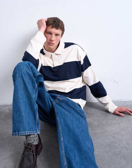 Topman oversized fit striped rugby polo in navy
