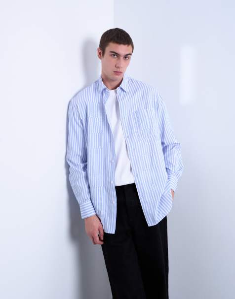Topman oversized fit striped shirt with all over distressing in blue - view 1
