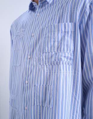 Topman Oversized Fit Striped Shirt With All Over Distressing In Blue