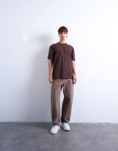 Model wearing Oversized fit suede touch t-shirt in brown