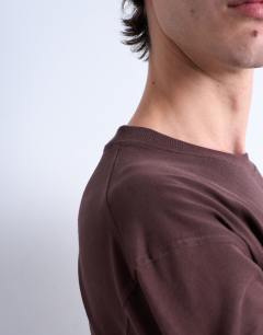 Model wearing Oversized fit suede touch t-shirt in brown