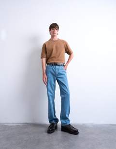 Model wearing Oversized fit suede touch t-shirt in camel