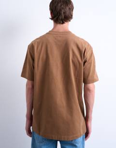 Model wearing Oversized fit suede touch t-shirt in camel