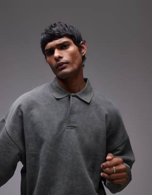 Topman Oversized Fit Sweatshirt Fabric Polo Shirt In Washed Khaki-green