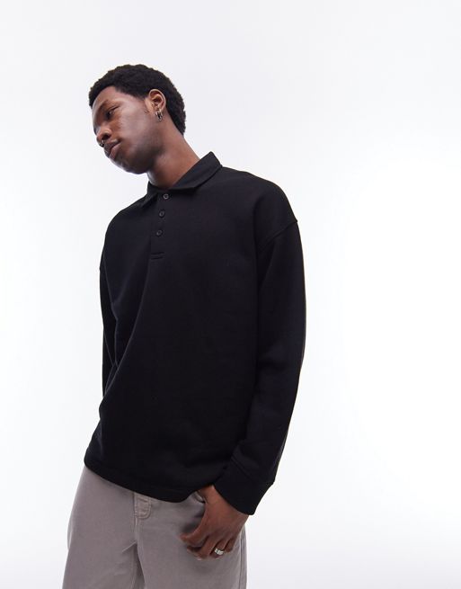 Topman oversized fit sweatshirt polo in black
