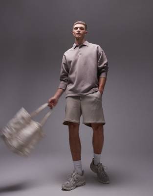 oversized fit sweatshirt polo in stone-Neutral