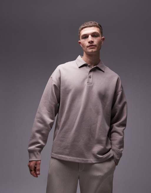 Topman oversized fit sweatshirt polo in stone