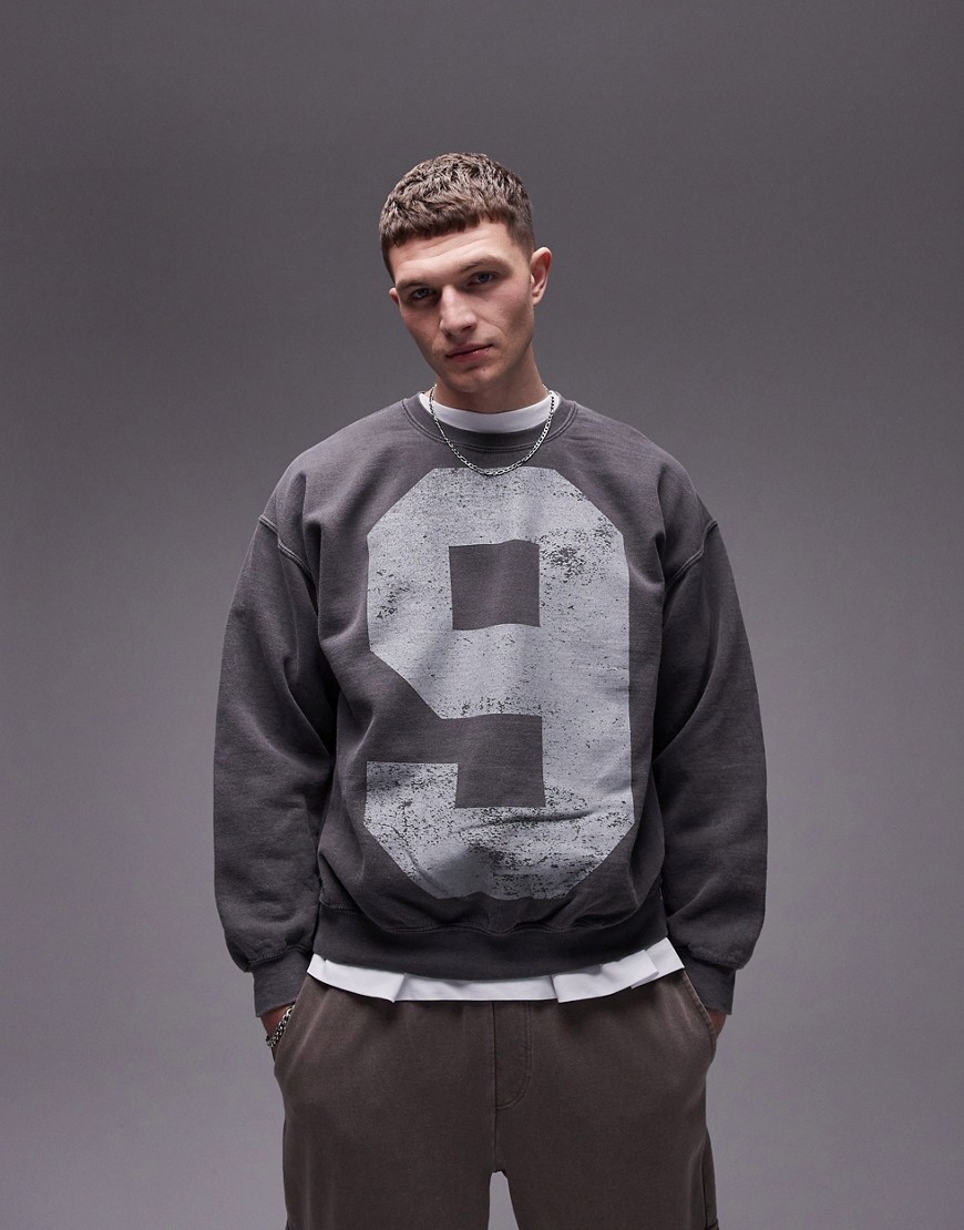 Topman oversized fit sweatshirt with 95 front and back print in washed black