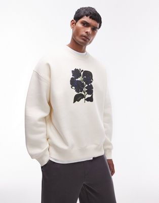 Topman Oversized Fit Sweatshirt With Abstract Flower Print In Ecru-white