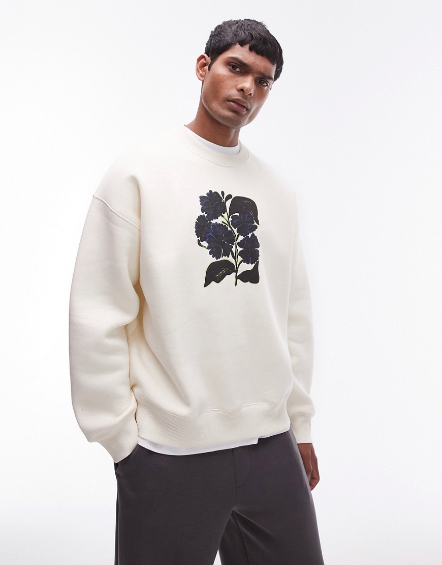 Topman oversized fit sweatshirt with abstract flower print in ecru-White