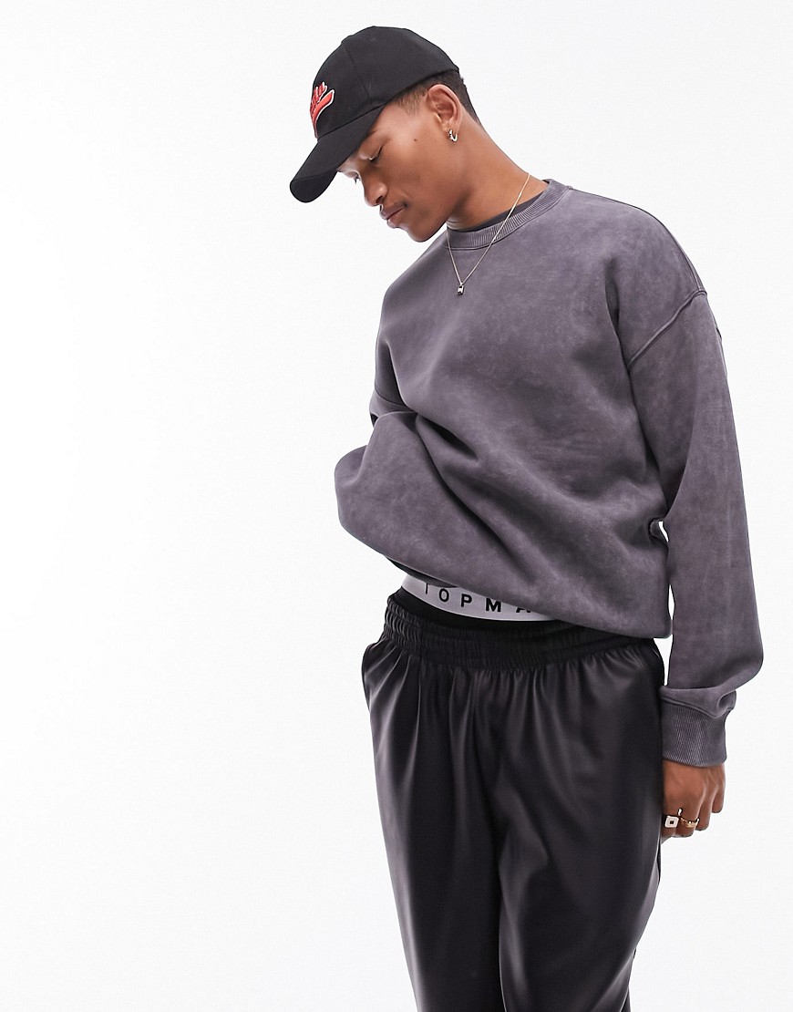 Topman Oversized Fit Sweatshirt With Acid Wash In Black-gray In Brown