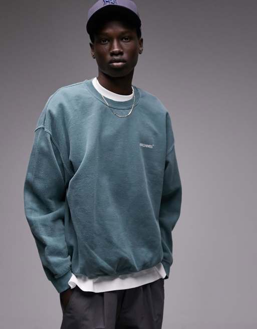 Topman oversized fit sweatshirt with archives front and back print in  washed green