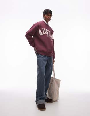 Topman Oversized Fit Sweatshirt With Austin Print In Burgundy-red