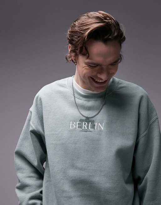 Topman oversized fit sweatshirt with berlin embroidery in sage