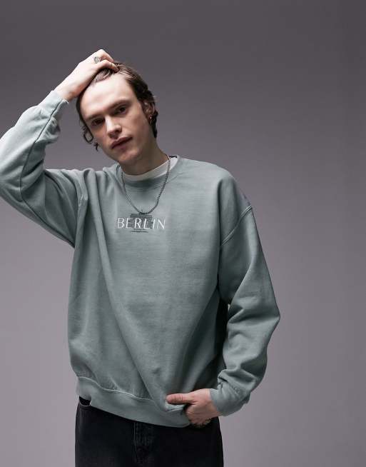 Topman oversized fit sweatshirt with berlin embroidery in sage ASOS