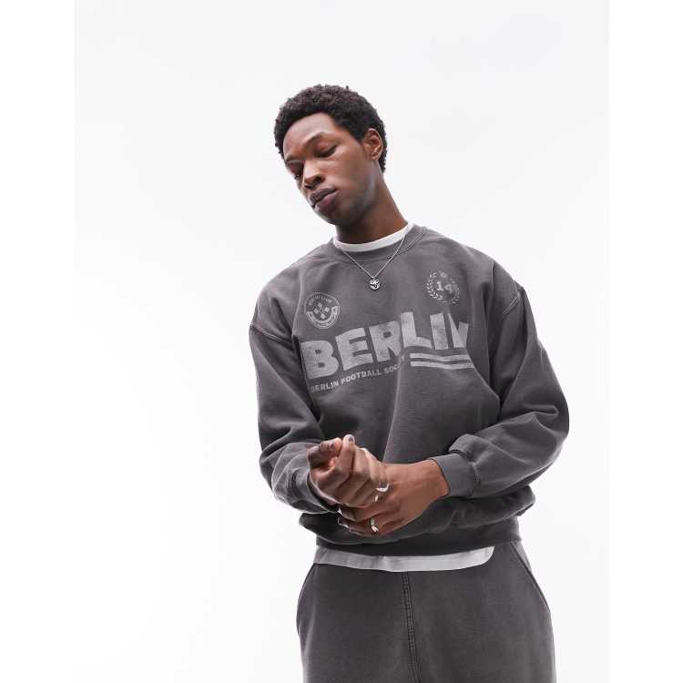 Topman oversized fit sweatshirt with berlin print in washed black