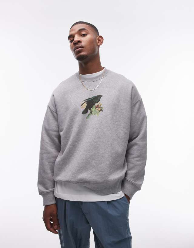 Topman - oversized fit sweatshirt with crow print in grey marl