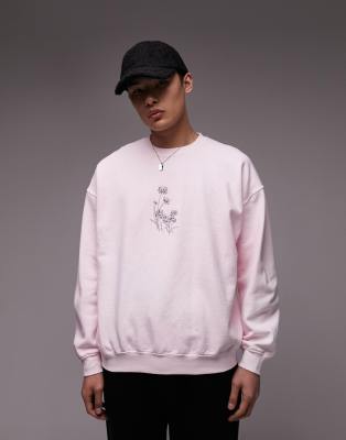 Topman Oversized Fit Sweatshirt With Daisies Embroidery In Washed Pink