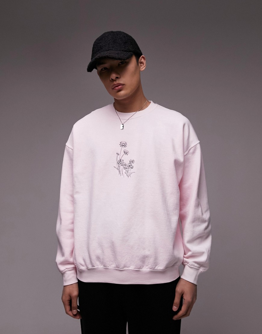 Topman Oversized Fit Sweatshirt With Daisies Embroidery In Washed Pink