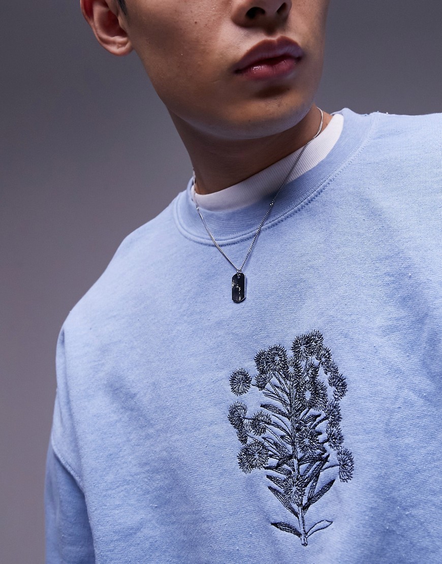 Topman oversized fit sweatshirt with dandelion embroidery in washed blue