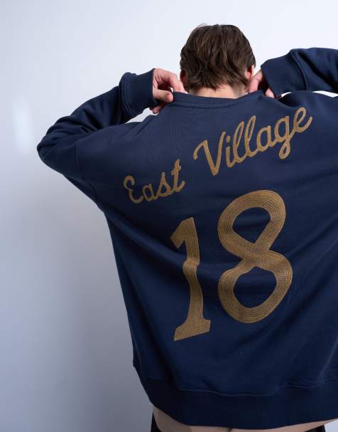 Topman oversized fit sweatshirt with East Village embroidery in navy - view 1