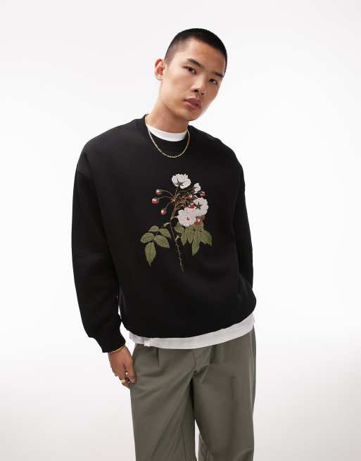 Topman oversized fit sweatshirt with floral embroidery in black | ASOS