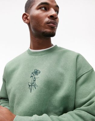 Topman oversized fit sweatshirt with floral embroidery in washed green
