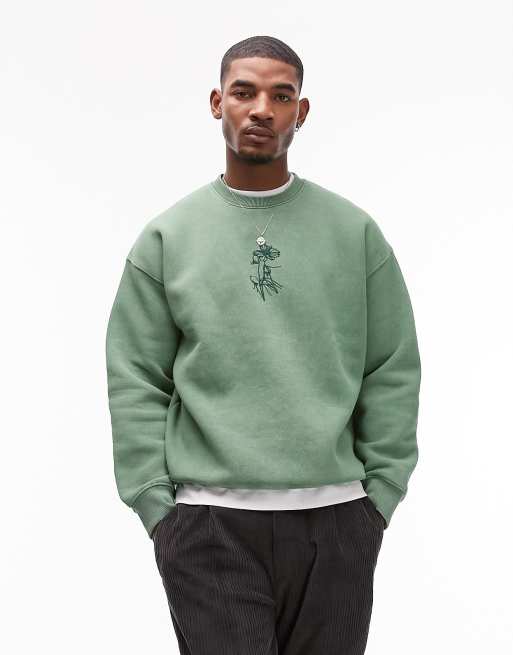 ASOS DESIGN oversized sweatshirt in acid washed green with central  embroidery