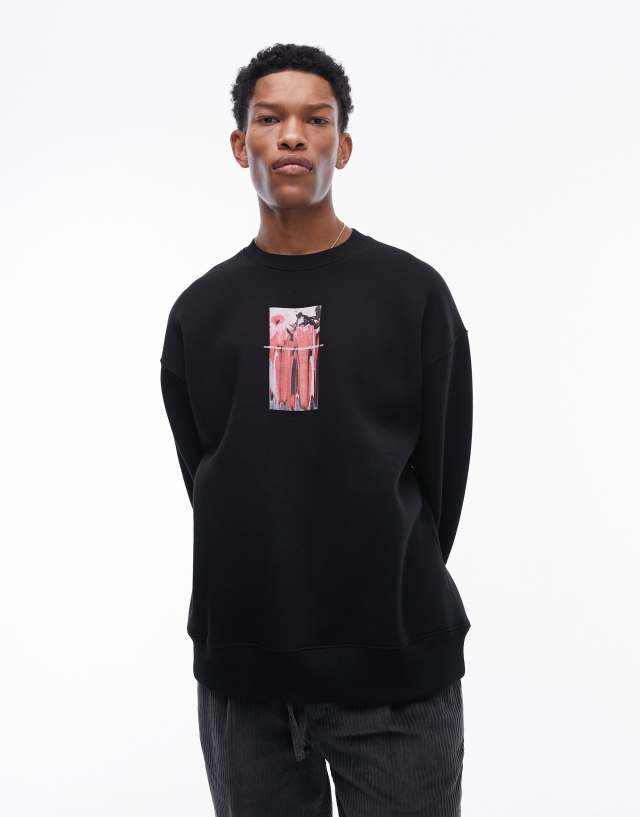 Topman - oversized fit sweatshirt with floral warp chest print in black