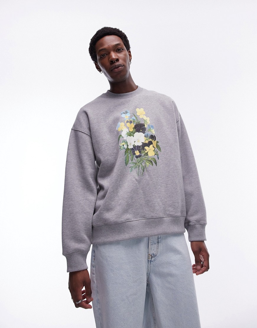 Topman Oversized Fit Sweatshirt With Flowers Embroidery Print In Gray Heather