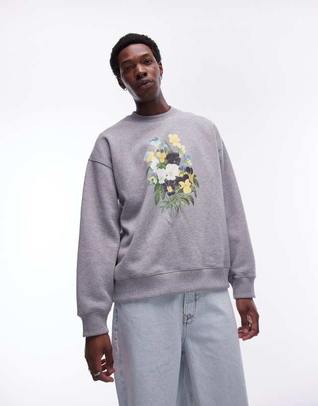 Topman - oversized fit sweatshirt with flowers embroidery print in grey marl