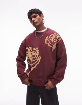 oversized fit sweatshirt with front and back abstract floral print and embroidery in burgundy-Red