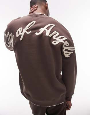 oversized fit sweatshirt with front and back city of angels embroidery in brown