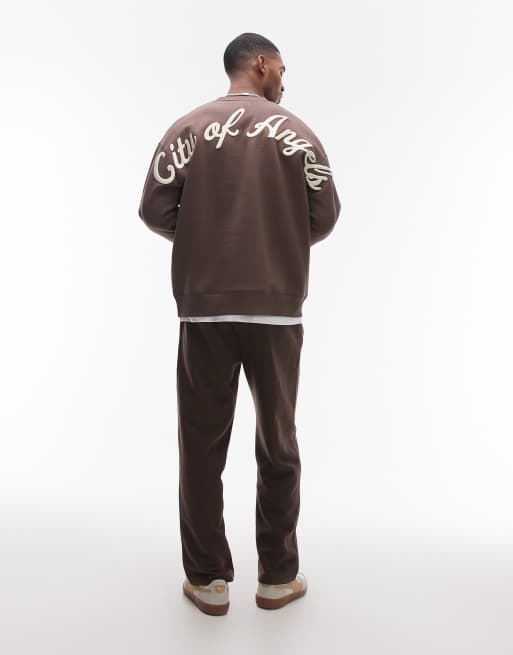 Topman oversized fit sweatshirt with front and back city of angels embroidery in brown, 3 of 4