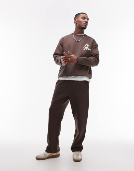 Topman oversized fit sweatshirt with front and back city of angels embroidery in brown, 4 of 4