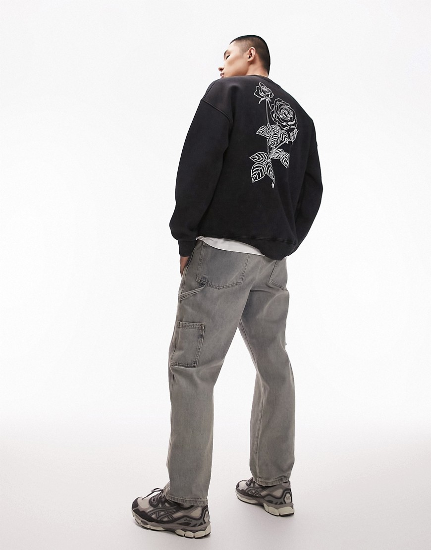 oversized fit sweatshirt with front and back floral placement embroidery in washed black
