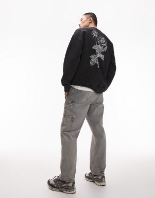 Topman oversized fit sweatshirt with front and back floral placement  embroidery in washed black