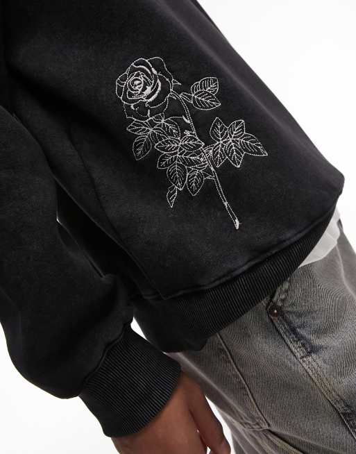 Topman oversized fit sweatshirt with front and back floral placement  embroidery in washed black