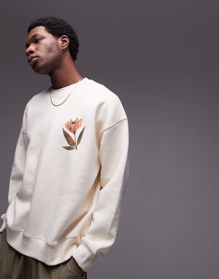 Topman oversized fit sweatshirt with front and back pressed flower in ecru
